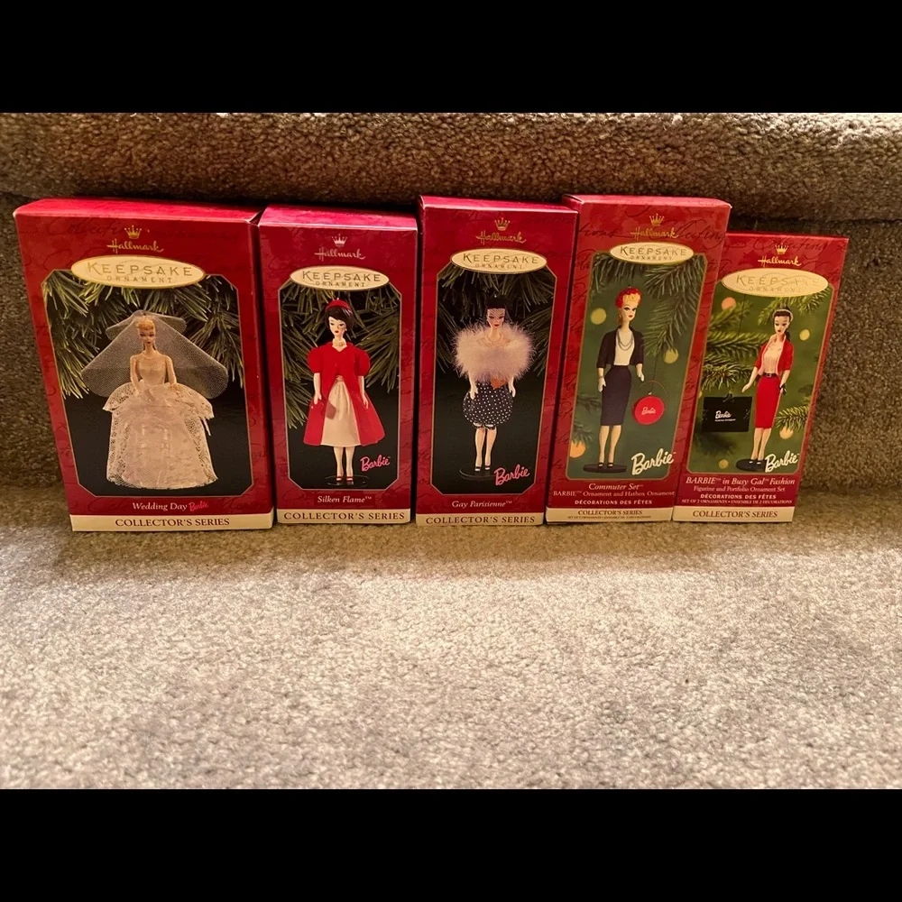 Lot of 5 Barbie ornaments. Dated 1997-2001. In boxes